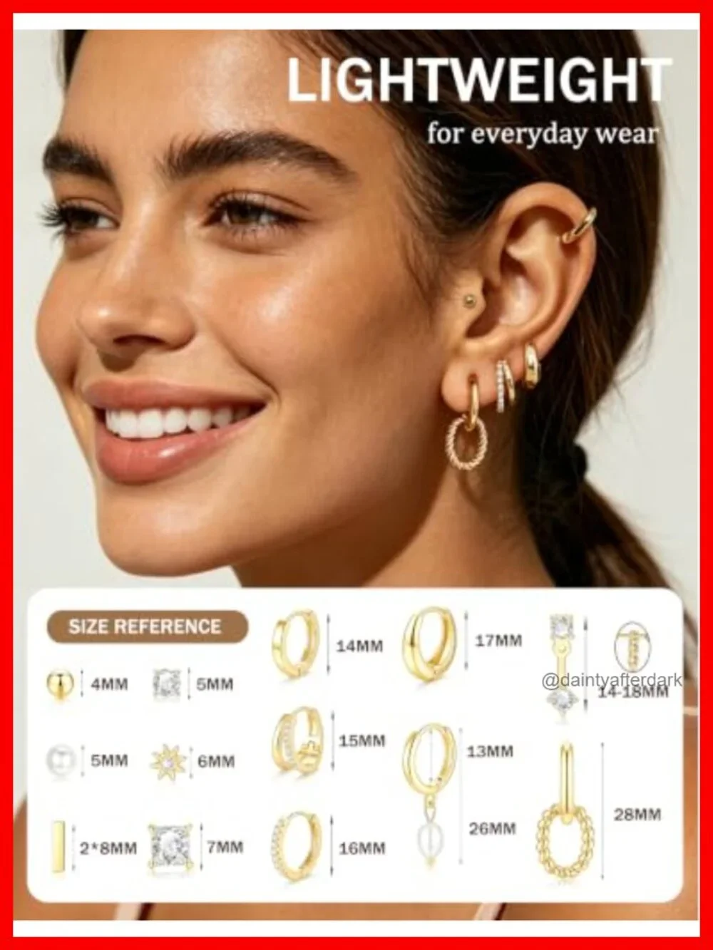 14K Gold Plated 13 Pair Earring Set Hypoallergenic Studs Hoops Dangles